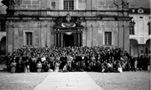 Fotografia in bianco e nero di mondine a Oropa