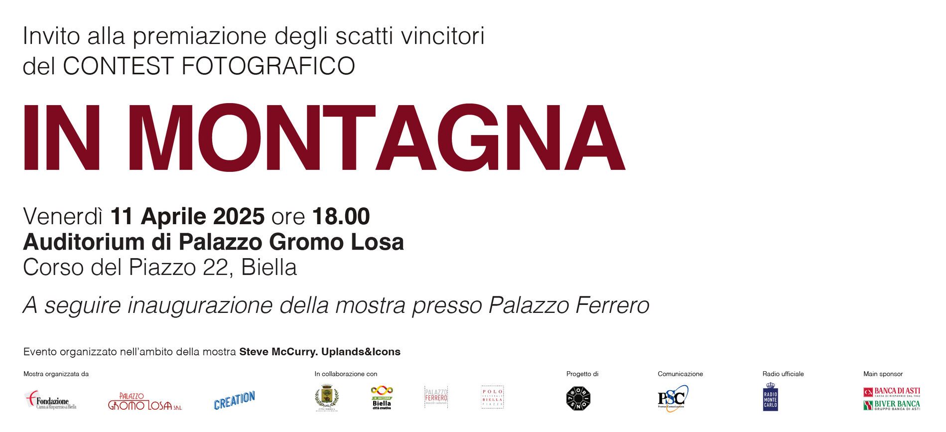Invito alla premiazione del contest fotografico "In Montagna" - Palazzo Gromo Losa, 11 aprile, h 18.00
